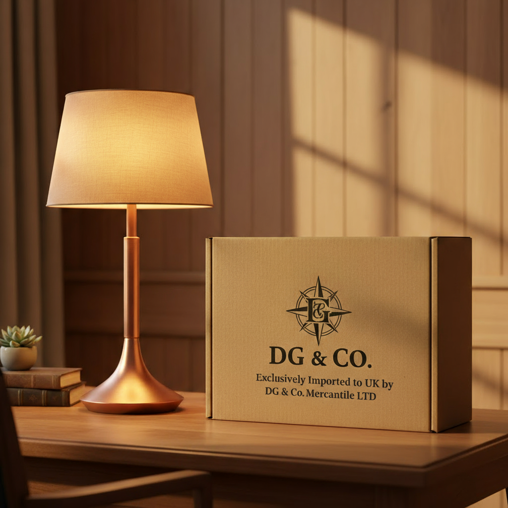 A giftbox with the text 'Exclusively Imported to UK by DG & Co Mercantile LTD' written on it, same style and composition as the current image. Square orientation.