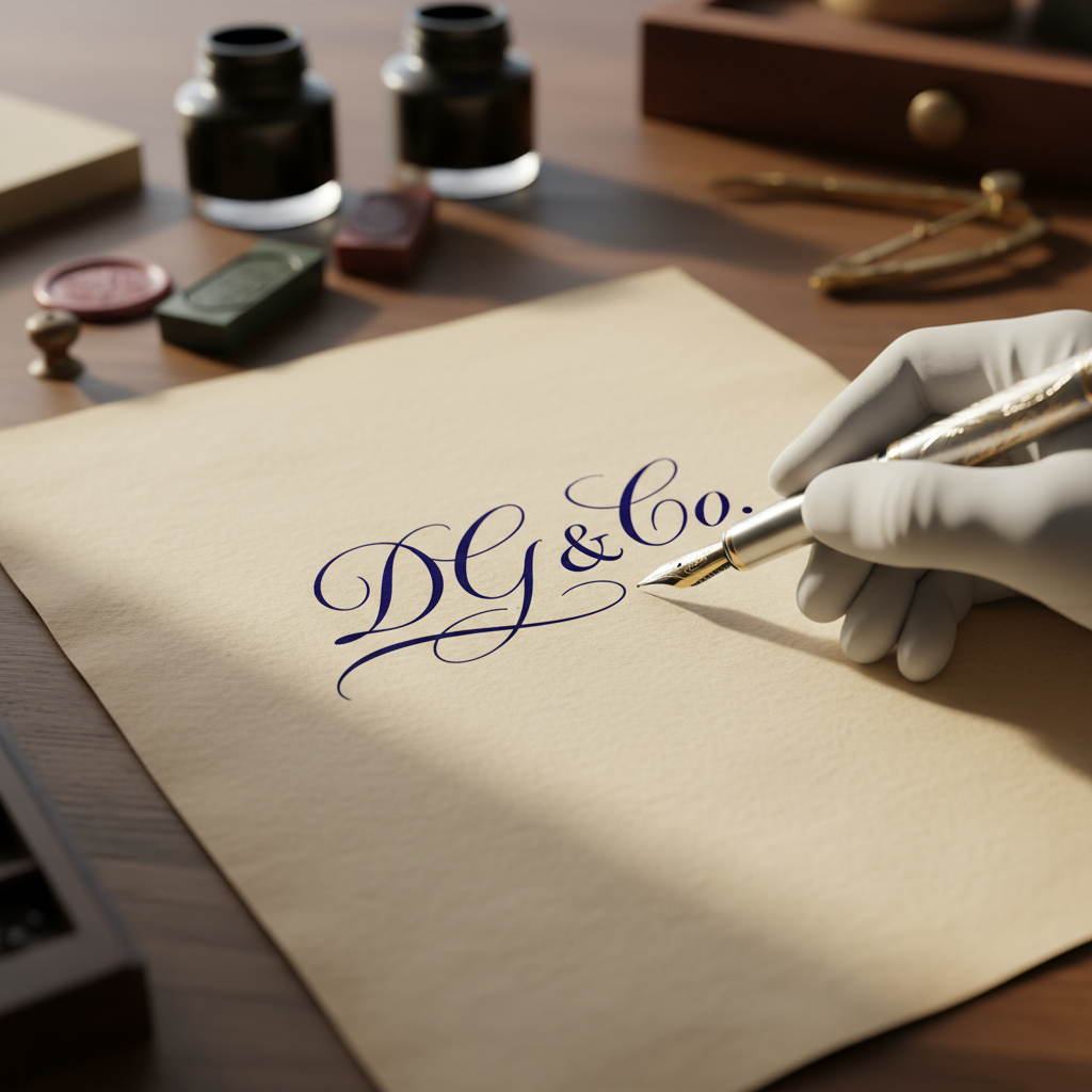 a pen writing out the words 'DG & Co' in an elegant style