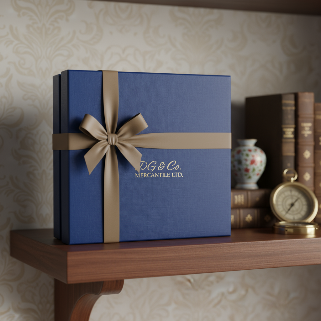 a single elegant gift box that has the company name 'DG & Co Mercantile LTD' on it, standing on a shelf