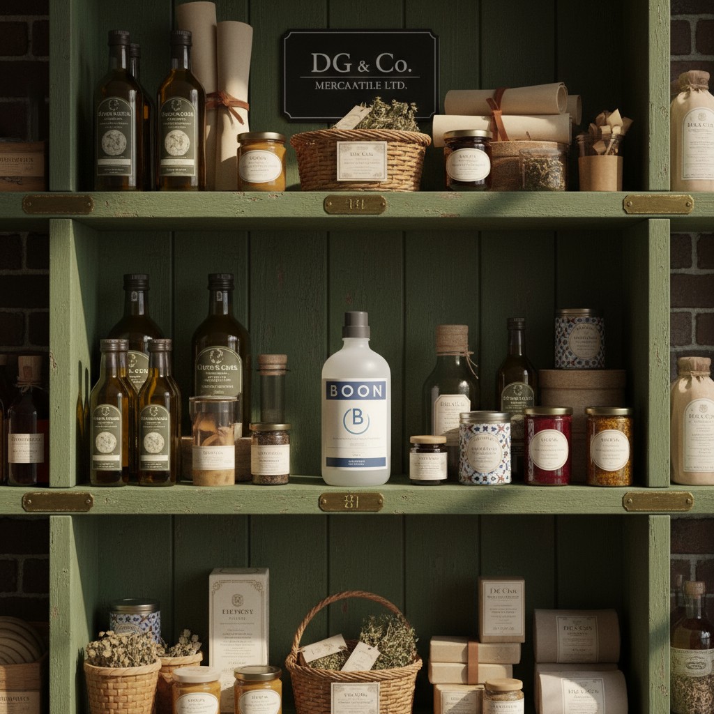 A rustic wooden larder filled with an assortment of foodstuffs brought from home. Dark wood sidings, an ornamental green h...