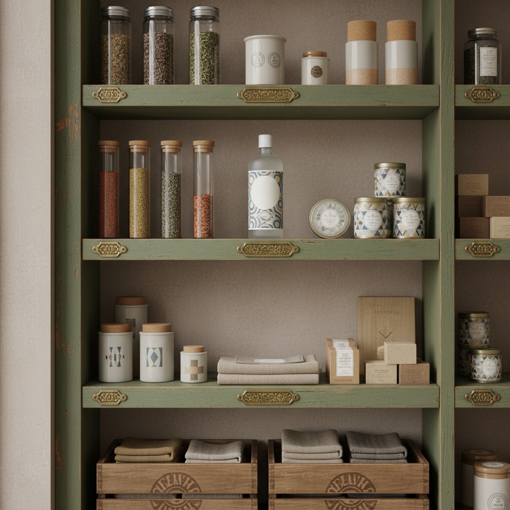 The image depicts a wall-mounted shelf with mint green shelves and gold shelf brackets. The shelf is filled with various g...