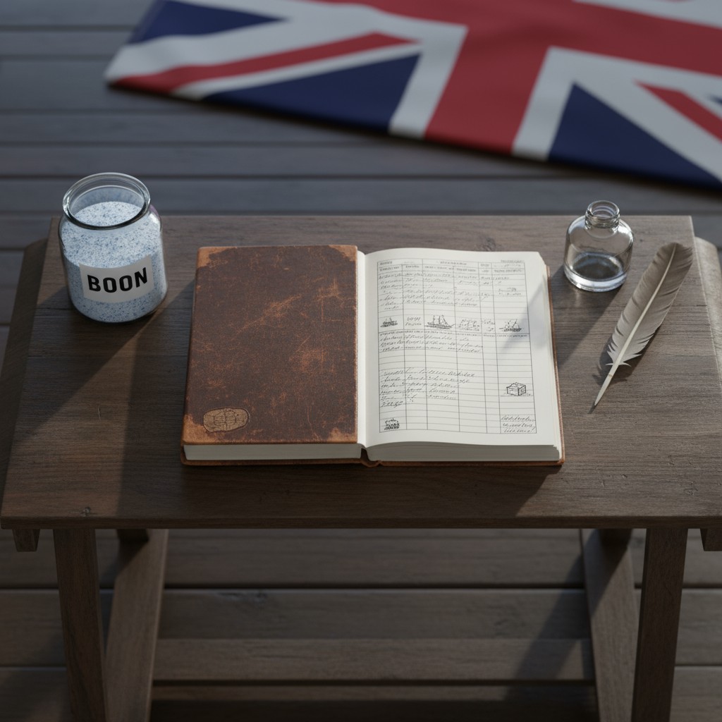 An open, leather-bound journal with a quilted design on its leather cover sits on a dark brown, wooden table beside a feat...